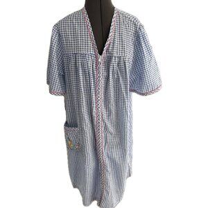 Vintage Crowntuft Housecoat Robe Dress Plaid Blue Full Zip Floral L Cottagecore